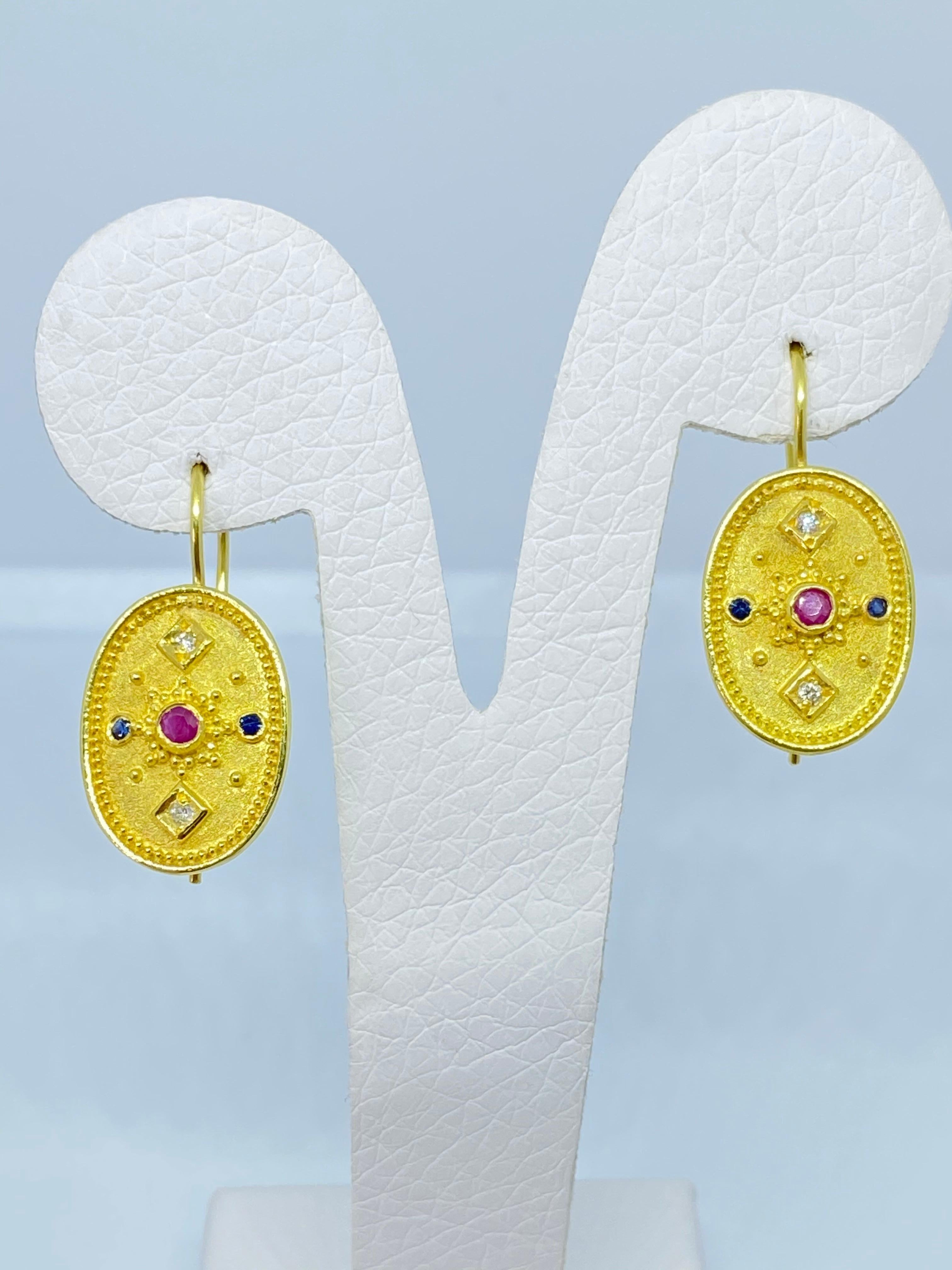 Georgios Collections 18 Karat Yellow Gold Diamond Ruby Sapphire Drop Earrings 7