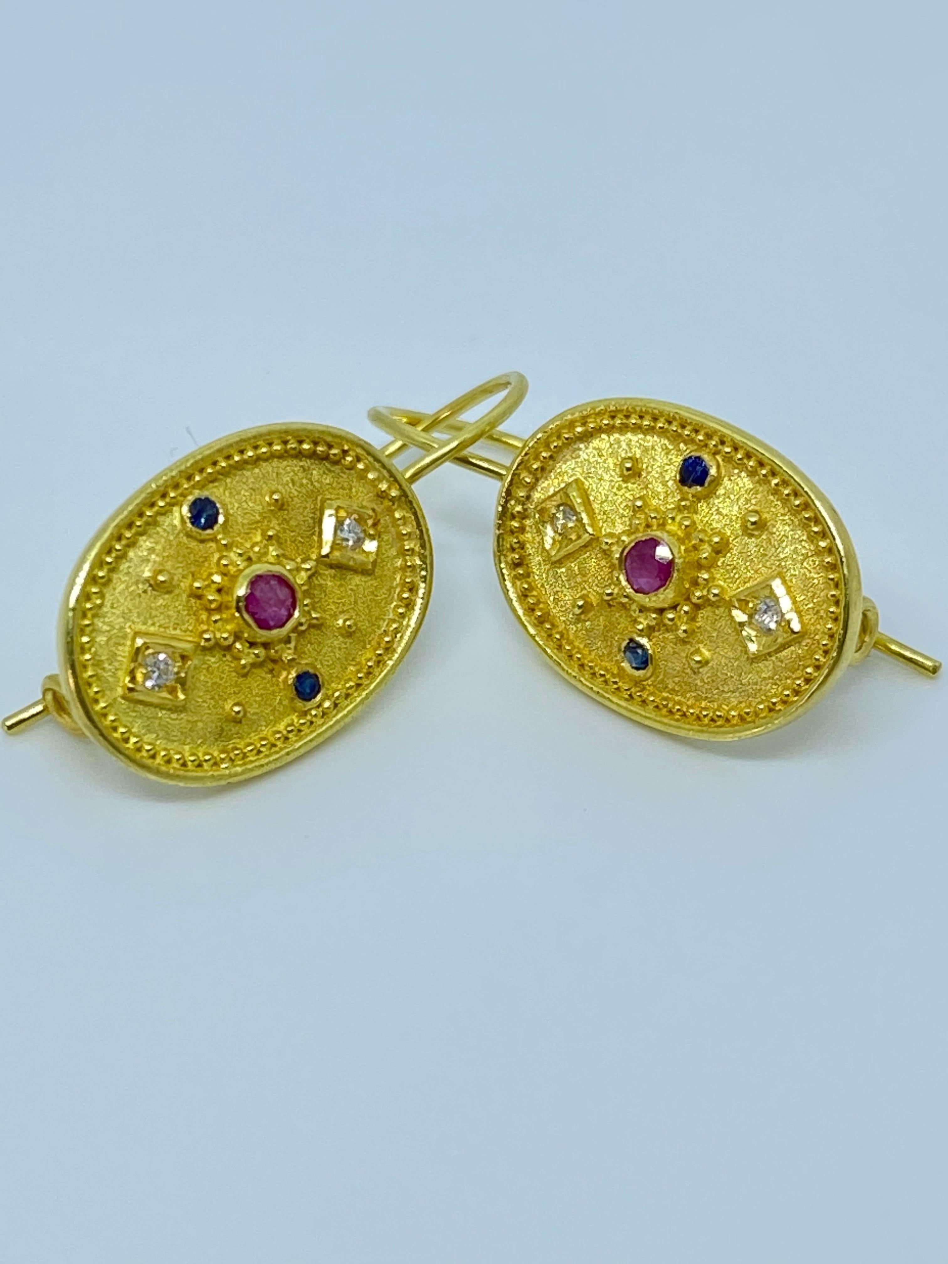 Georgios Collections 18 Karat Yellow Gold Diamond Ruby Sapphire Drop Earrings 8