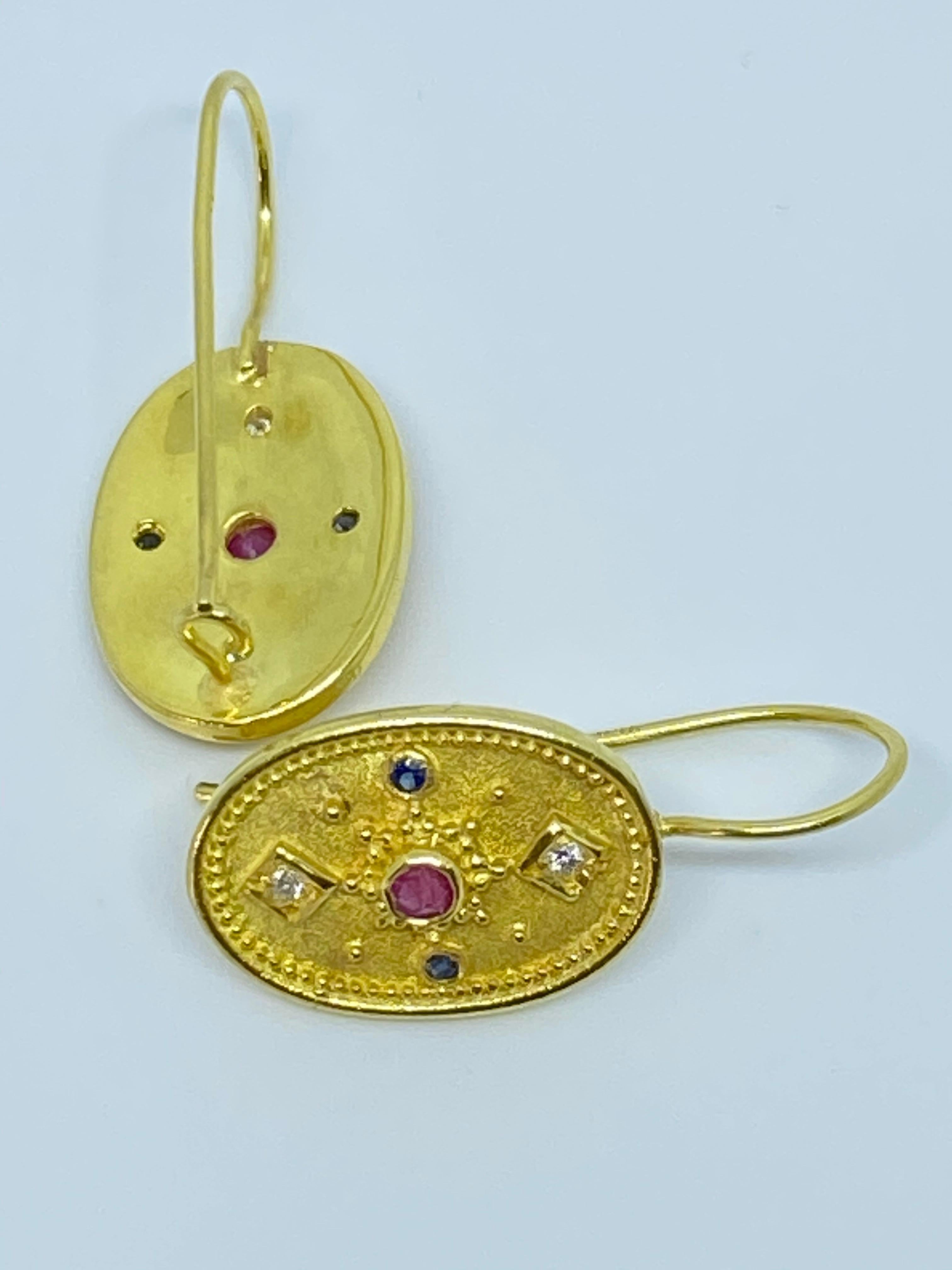 Georgios Collections 18 Karat Yellow Gold Diamond Ruby Sapphire Drop Earrings 10