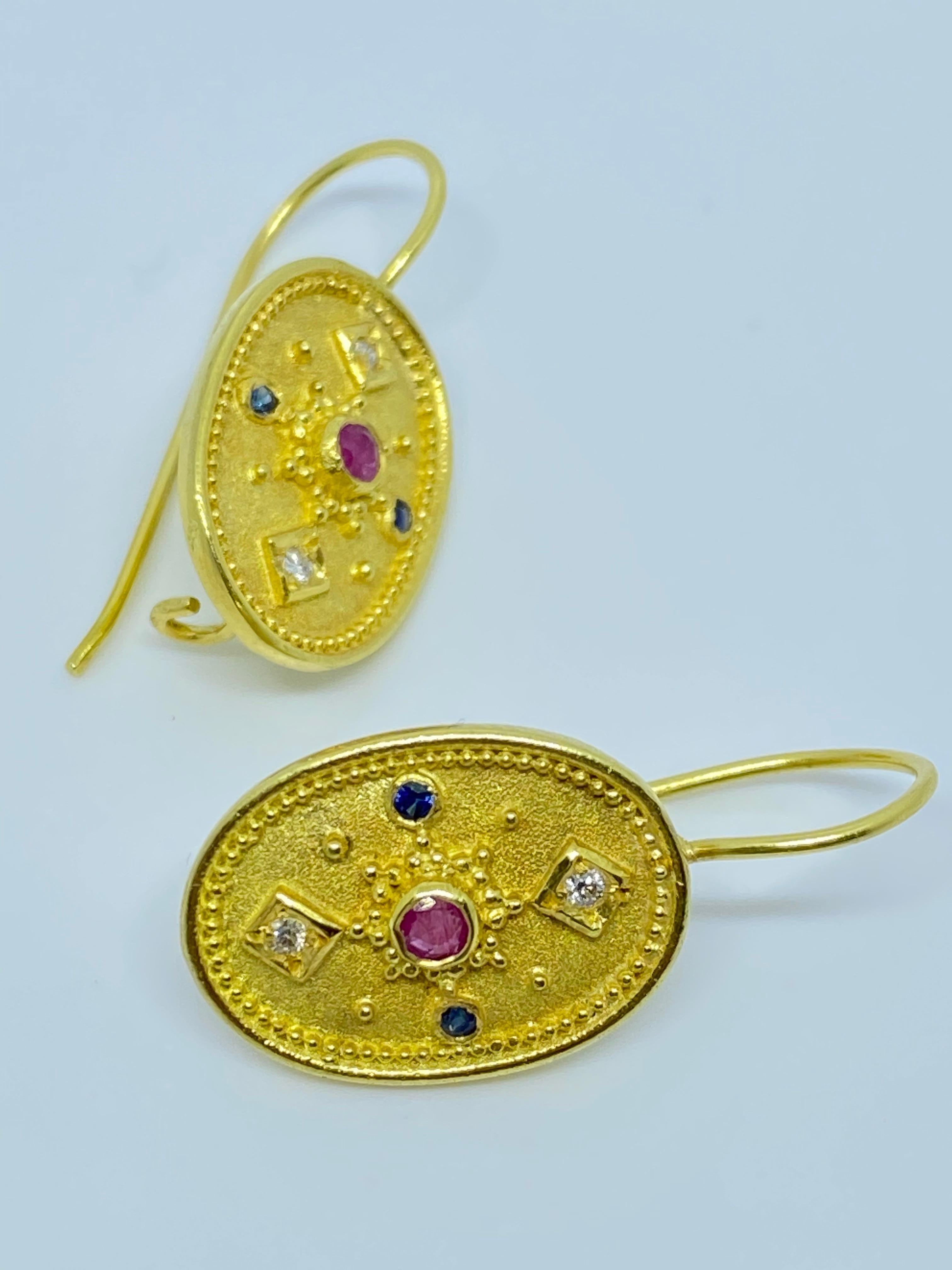 Georgios Collections 18 Karat Yellow Gold Diamond Ruby Sapphire Drop Earrings 12