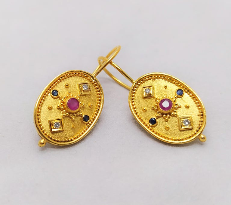 Byzantine Georgios Collections 18 Karat Yellow Gold Diamond Ruby Sapphire Drop Earrings For Sale