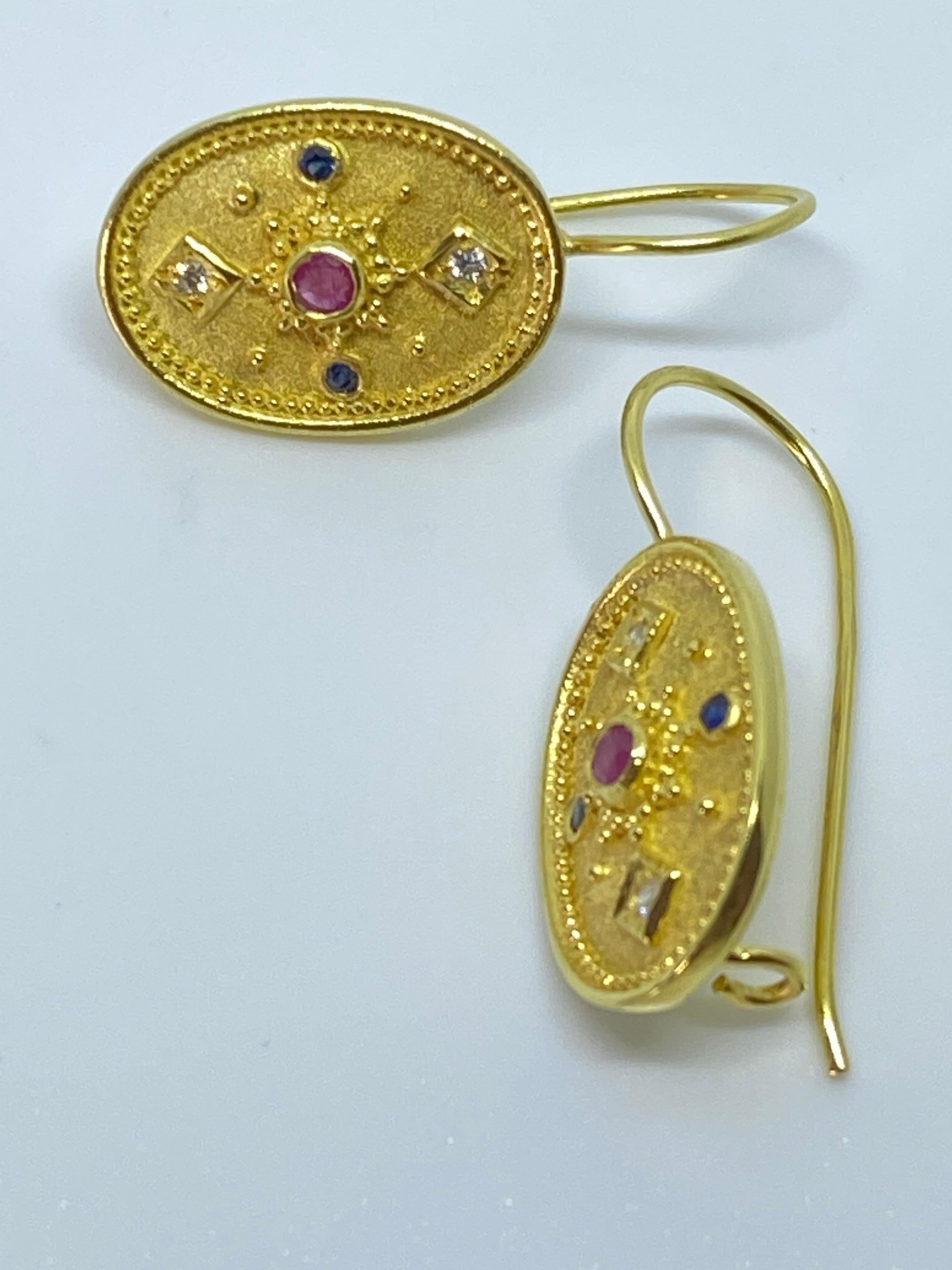 Georgios Collections 18 Karat Yellow Gold Diamond Ruby Sapphire Drop Earrings In New Condition In Astoria, NY