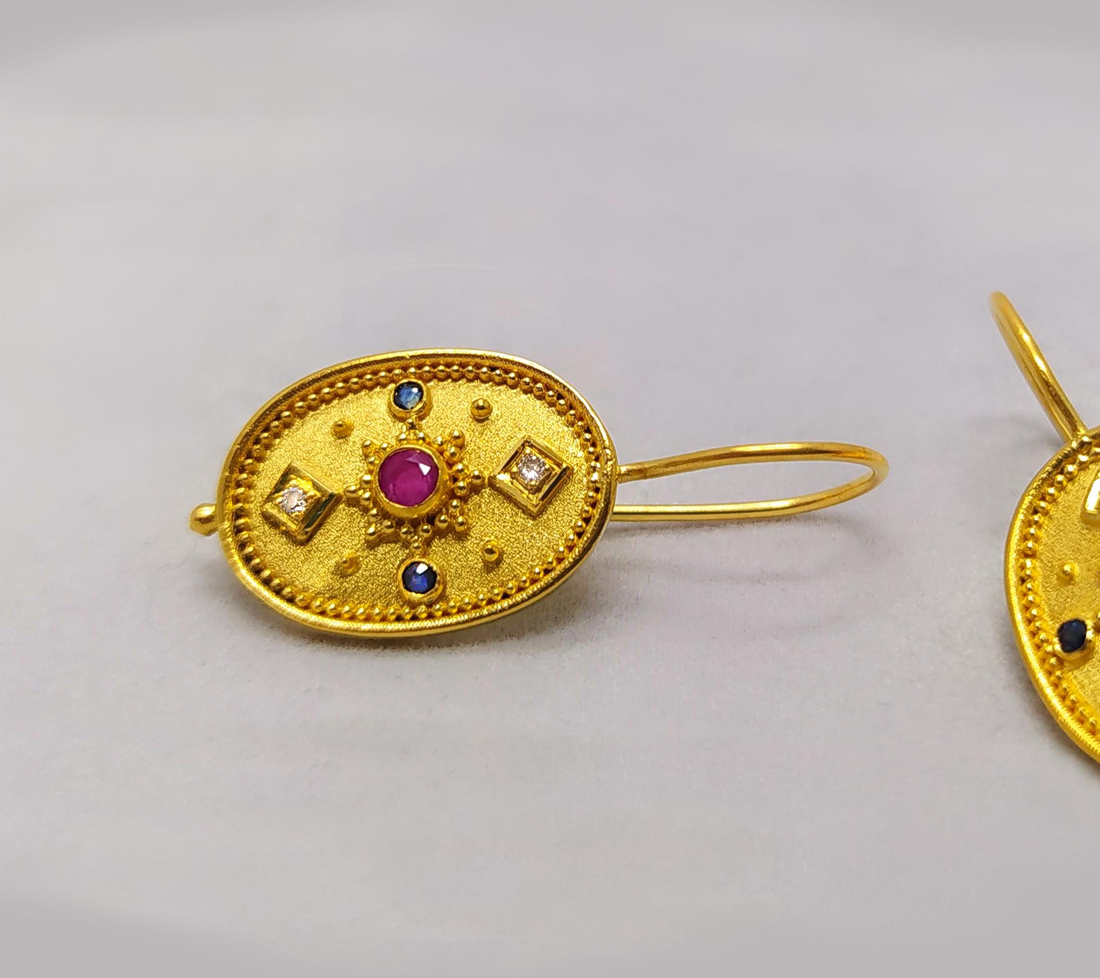 Women's Georgios Collections 18 Karat Yellow Gold Diamond Ruby Sapphire Drop Earrings For Sale