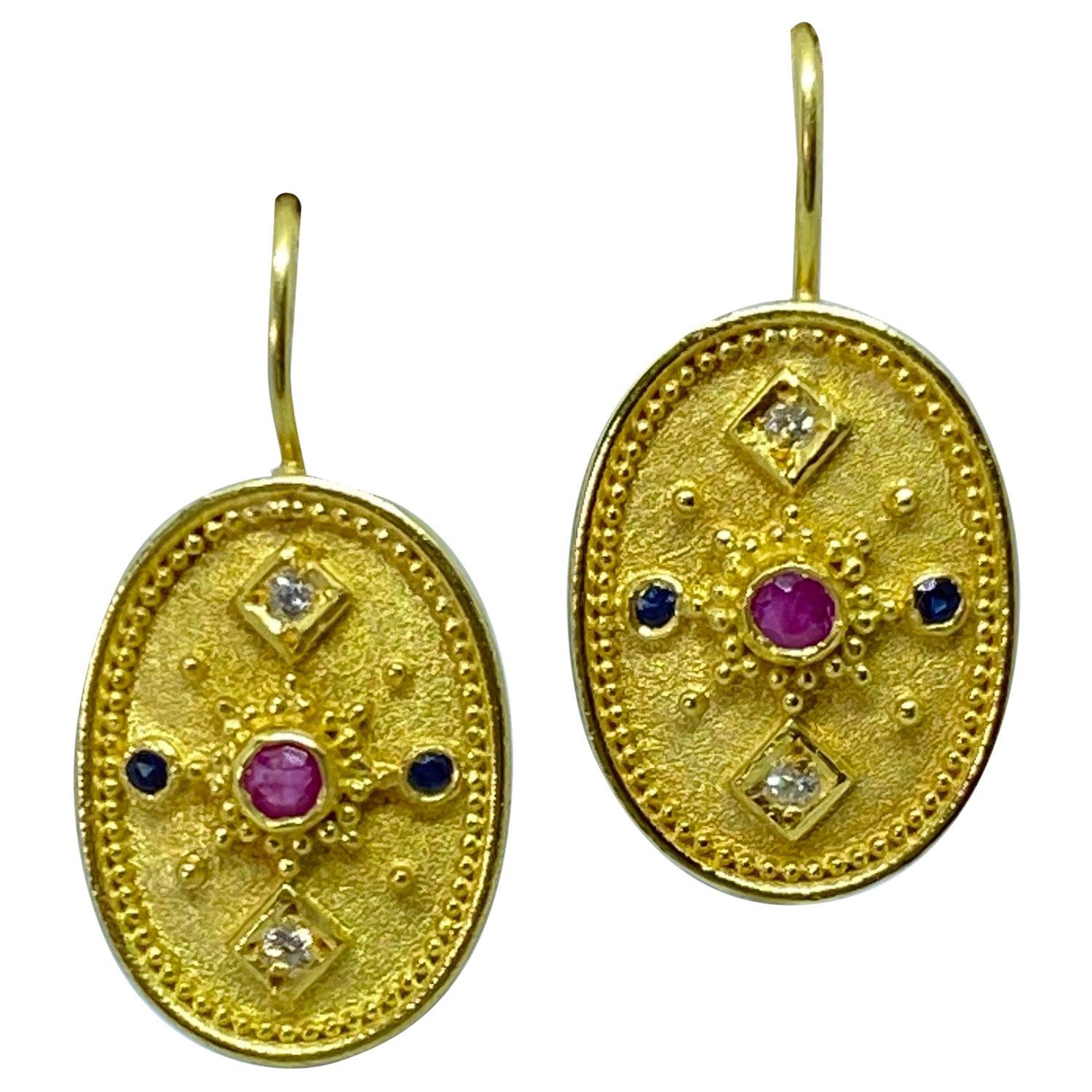 Georgios Collections 18 Karat Yellow Gold Diamond Ruby Sapphire Drop Earrings