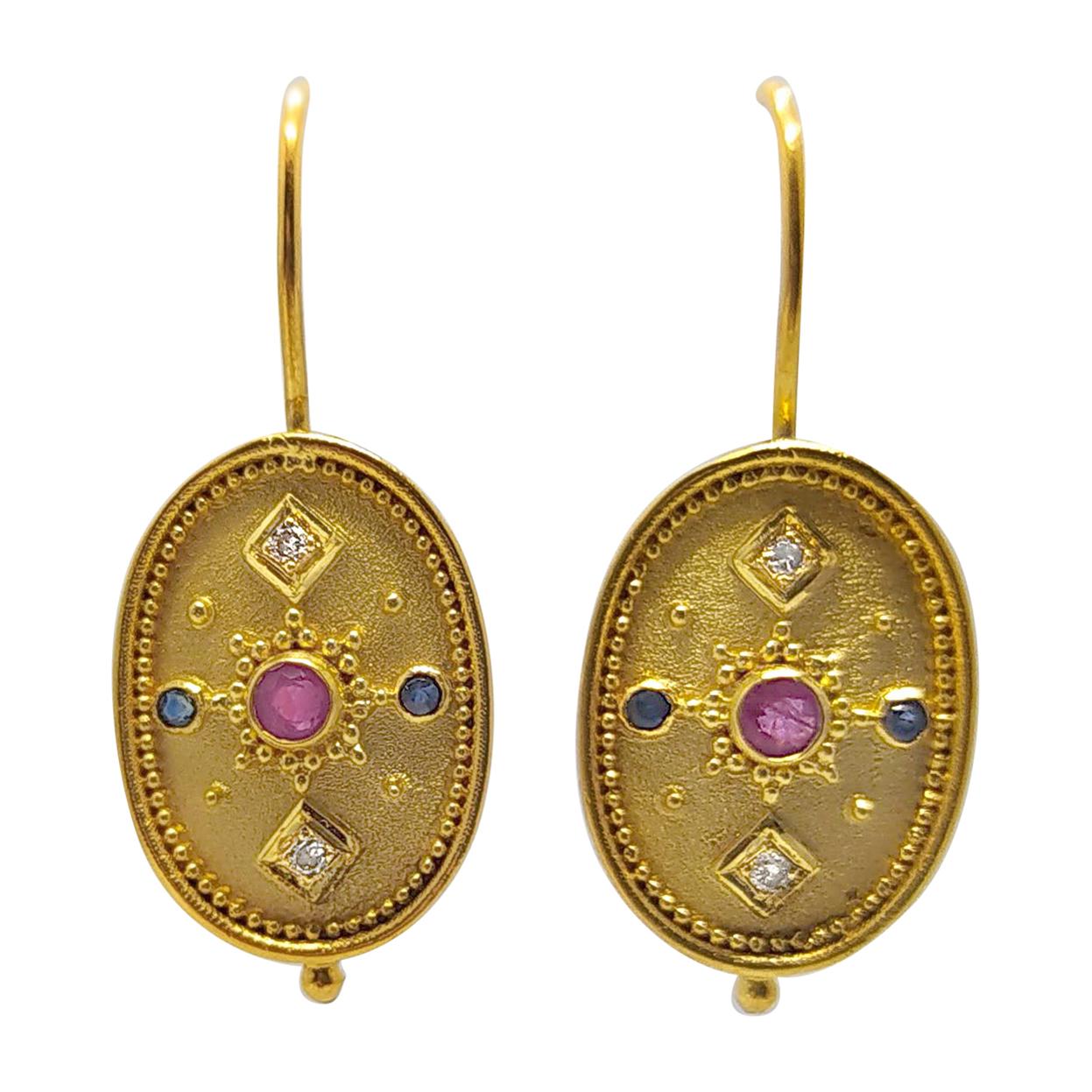 Georgios Collections 18 Karat Yellow Gold Diamond Ruby Sapphire Drop Earrings For Sale
