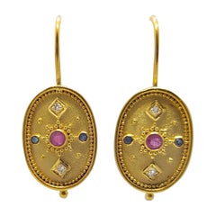 Georgios Collections 18 Karat Yellow Gold Diamond Ruby Sapphire Drop Earrings