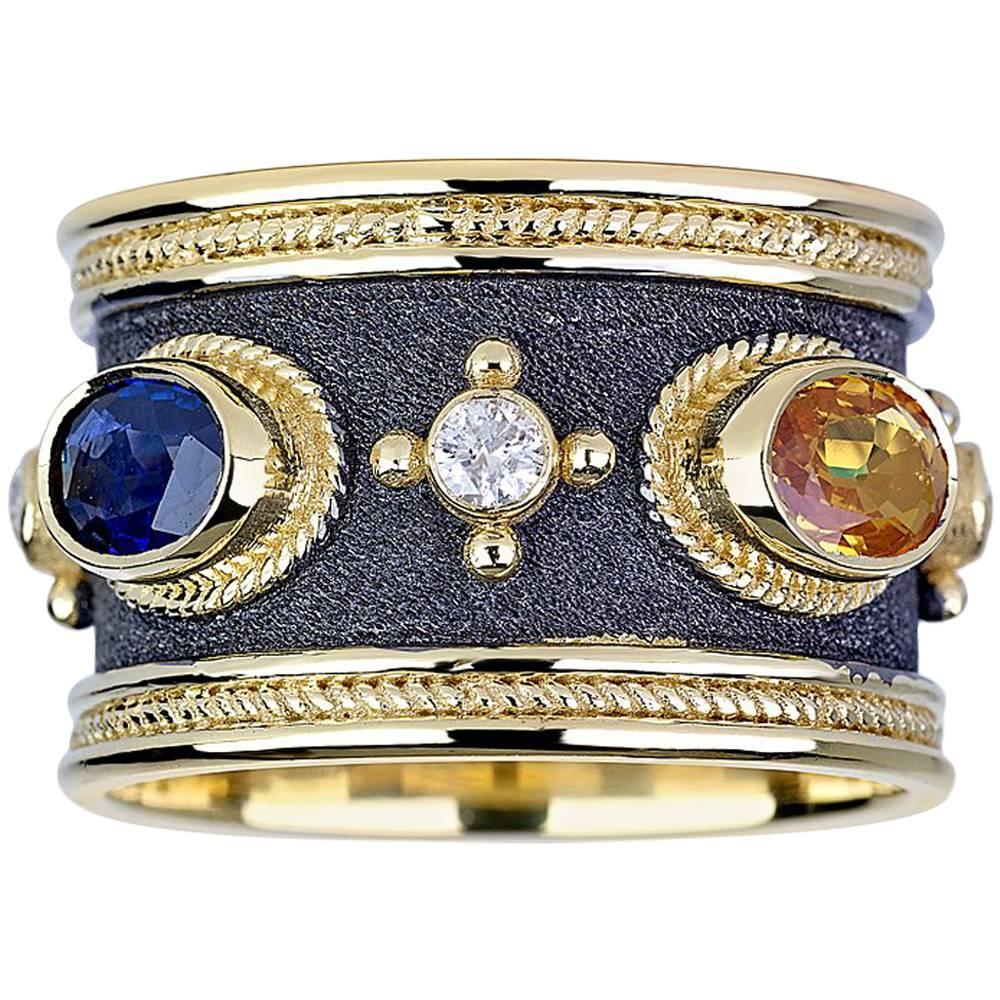 Georgios Collections 18 Karat Yellow Gold Diamond Sapphire and Emerald Band Ring For Sale