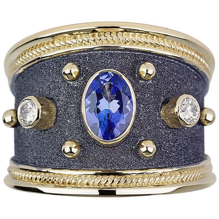 Georgios Collections 18 Karat Gold Diamond and Sapphire Two-Tone Band Ring For Sale