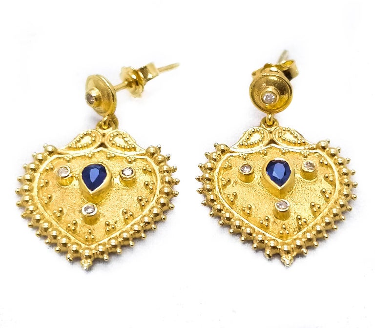 Georgios Collections 18 Karat Yellow Gold Diamond Sapphire Drop Earrings For Sale 6