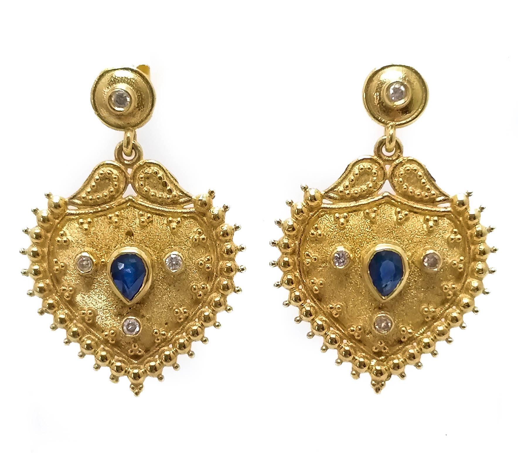 Women's Georgios Collections 18 Karat Yellow Gold Diamond Sapphire Drop Earrings For Sale