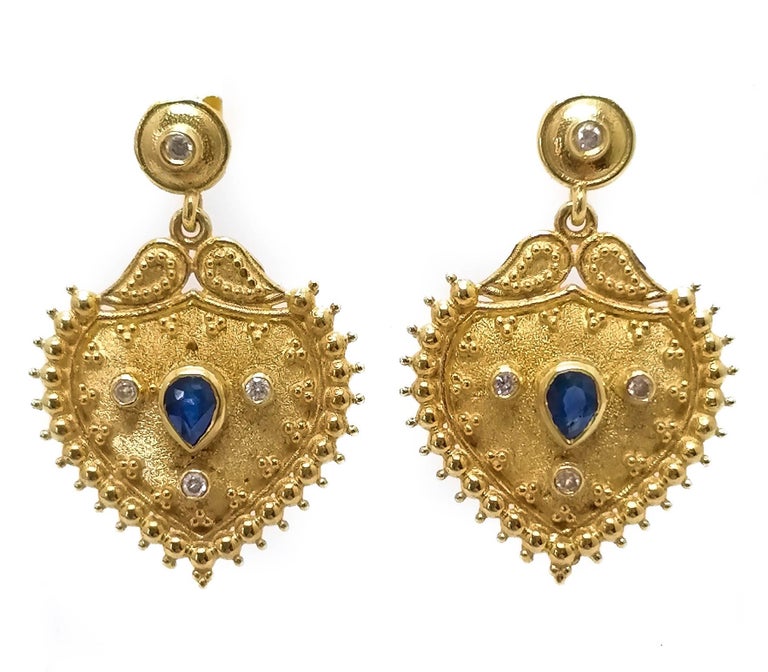 Georgios Collections 18 Karat Yellow Gold Diamond Sapphire Drop Earrings For Sale 2