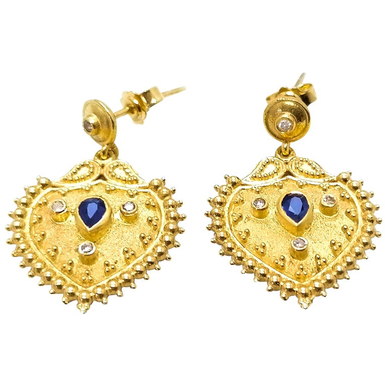 Georgios Collections 18 Karat Yellow Gold Diamond Sapphire Drop Earrings For Sale