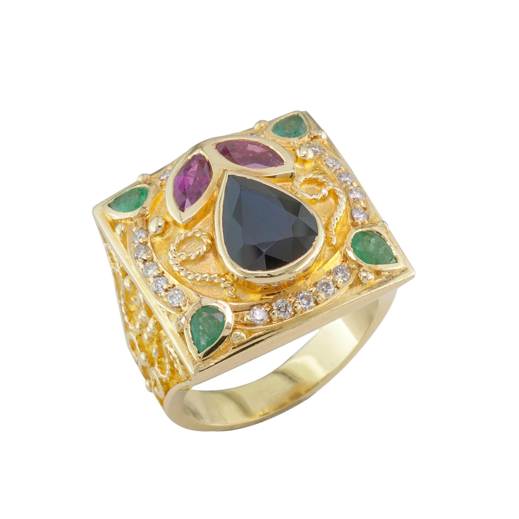 Georgios Collections 18 Karat Yellow Gold Diamond Sapphire Emeralds Rubies Ring In New Condition For Sale In Astoria, NY