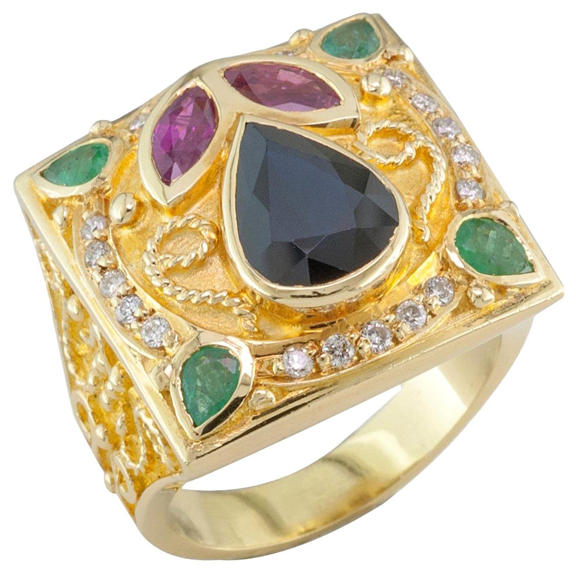 Georgios Collections 18 Karat Yellow Gold Diamond Sapphire Emeralds Rubies Ring For Sale