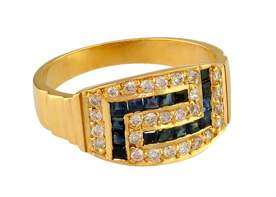S.Georgios designer 18 Karat Yellow Gold Ring featuring the Greek Key design symbolizing eternity. This gorgeous band has 27 Brilliant Cut White Diamonds total weight of 0.40 Carat and 16 Princess cut  Sapphires total weight of 0.75 Carat. 
The