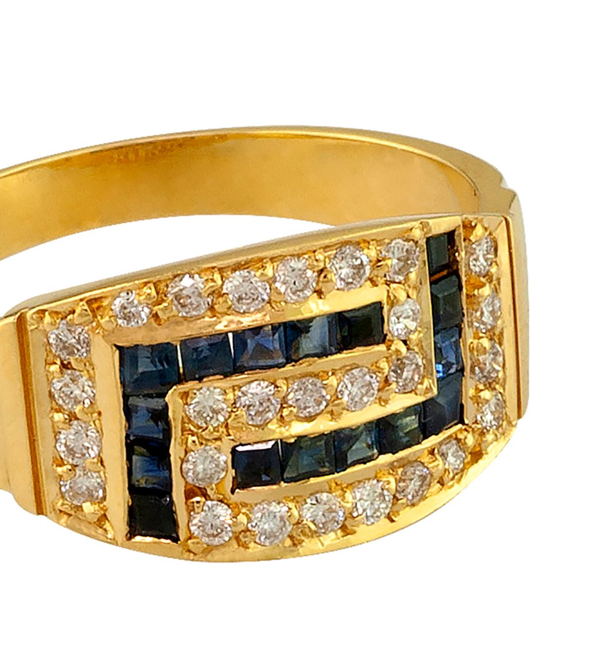 Classical Greek Georgios Collections 18 Karat Yellow Gold Diamond Sapphire Greek Key Band Ring For Sale