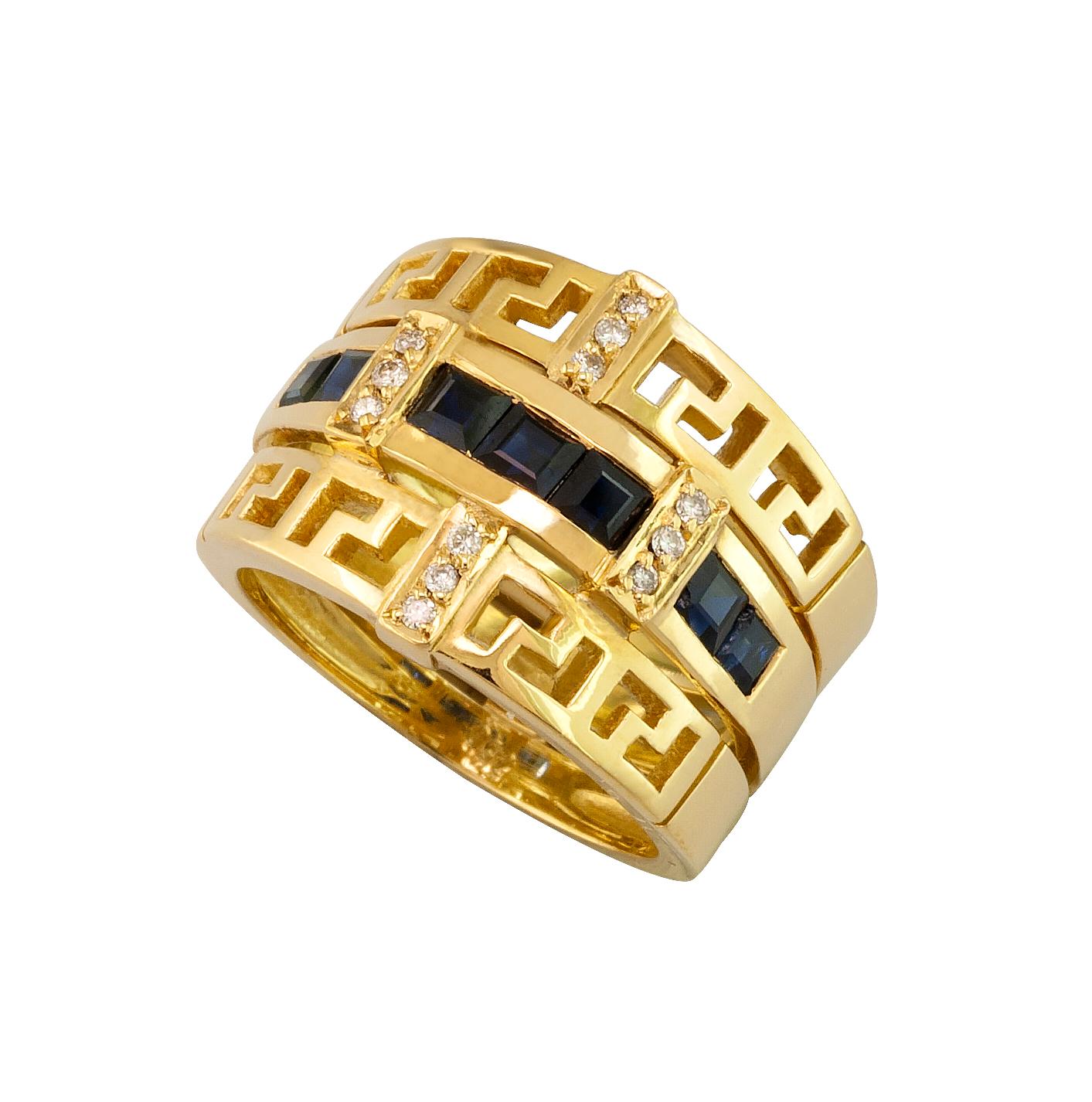Princess Cut Georgios Collections 18 Karat Yellow Gold Diamond Sapphire Greek Key Band Ring For Sale