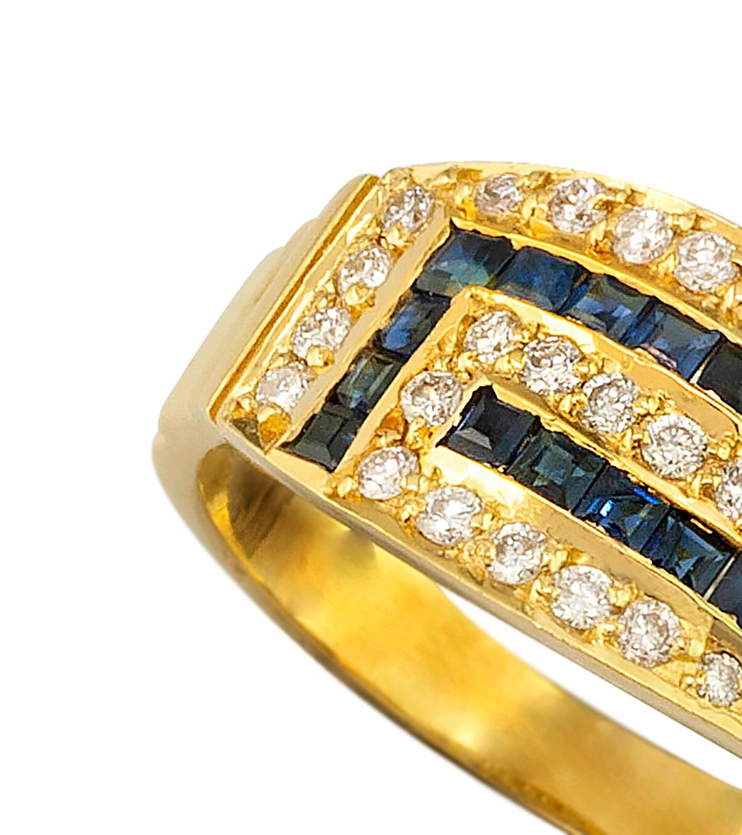 Georgios Collections 18 Karat Yellow Gold Diamond Sapphire Greek Key Band Ring In New Condition For Sale In Astoria, NY