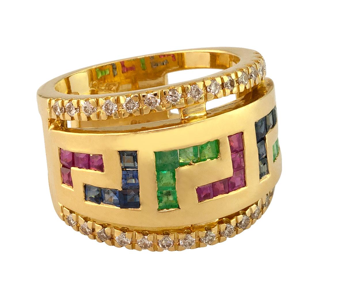 S.Georgios designer 18 Karat Yellow Gold Ring featuring the Greek Key design symbolizing eternity. This gorgeous band rind has 30 Brilliant Cut White Diamonds total weight of 0.50 Carat and 28 Princess cut Rubies, Sapphires and Emeralds total weight