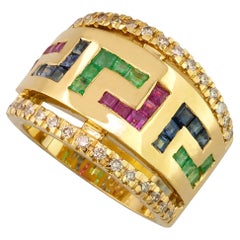 Anello chiave in oro giallo 18 carati con diamante, zaffiro, rubino e smeraldo di Georgios Collections