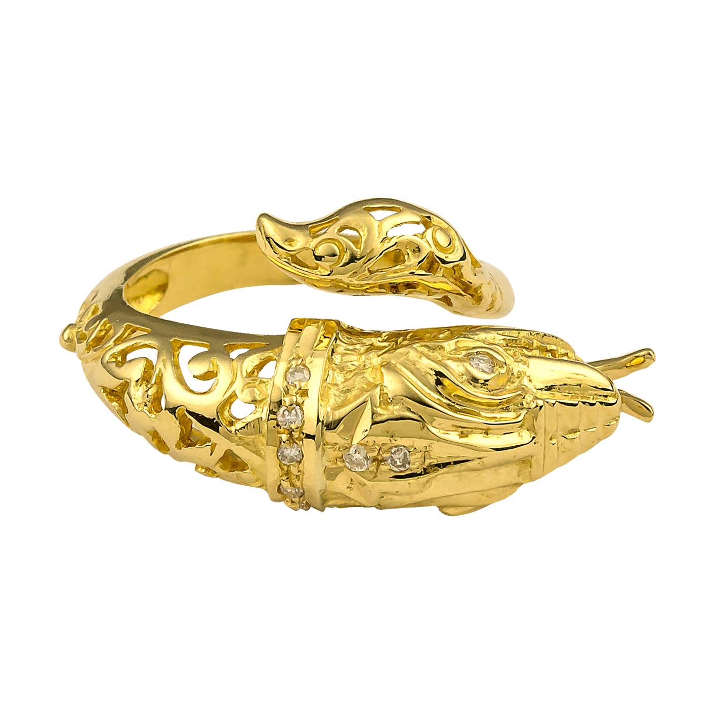 S.Georgios Designer Snake Ring is handmade from solid 18 Karat Yellow Gold and is microscopically decorated with Granulated details all custom-made. This unique Ring features one Snakehead with Diamonds for eyes, inspired from the Byzantine Museum,