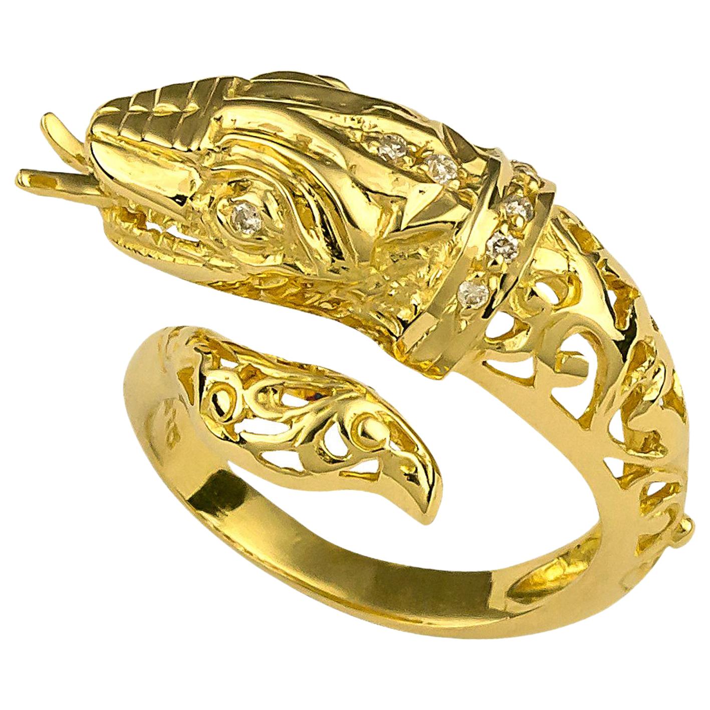 Anello serpente con diamante in oro giallo 18 carati intagliato a mano Georgios Collections