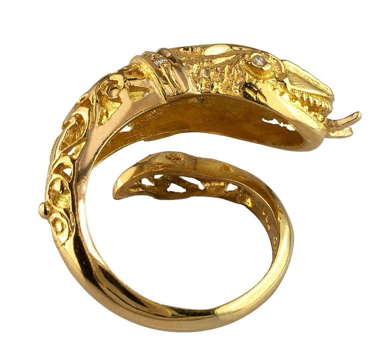 Brilliant Cut Georgios Collections 18 Karat Yellow Gold Diamond Snake Serpent Head Band Ring For Sale
