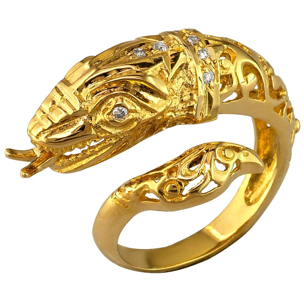 Georgios Collections, bague à anneau tête de serpent serpent en or jaune 18 carats et diamants en vente