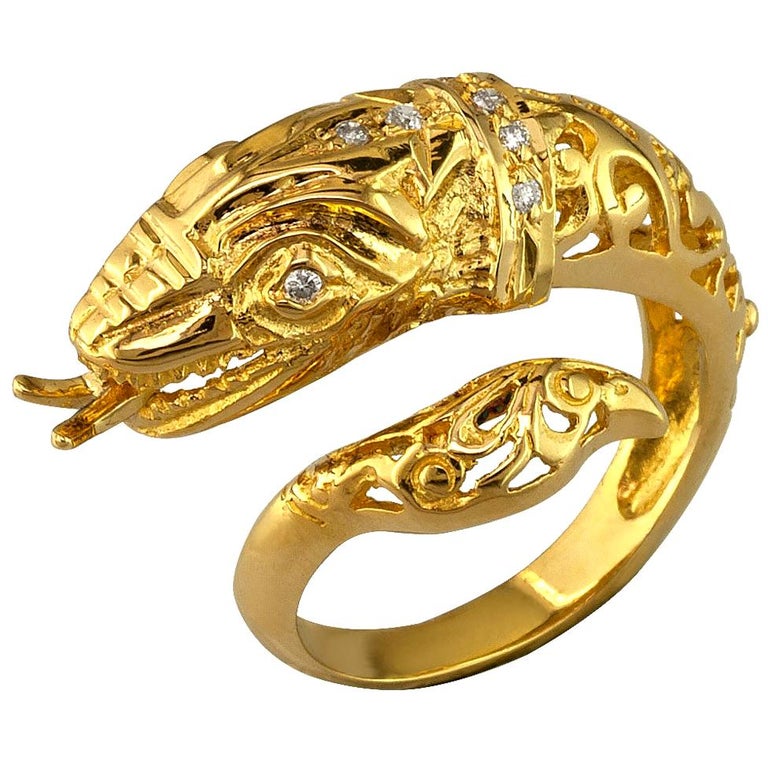 Georgios Collections 18 Karat Yellow Gold Diamond Snake Serpent Head Band Ring For Sale