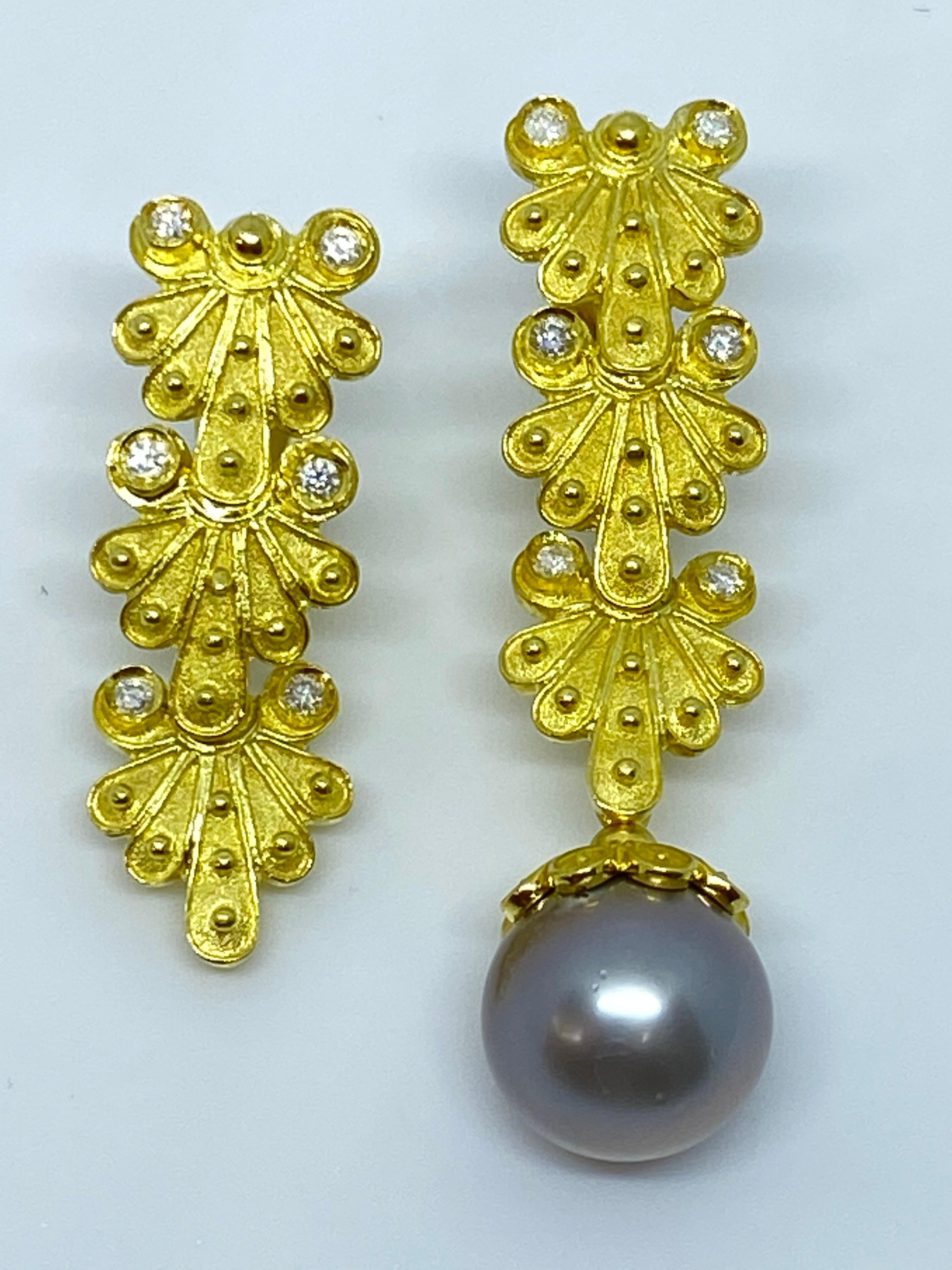 Georgios Collections 18 Karat Yellow Gold Diamond South Sea Pearl Drop Earrings For Sale 5