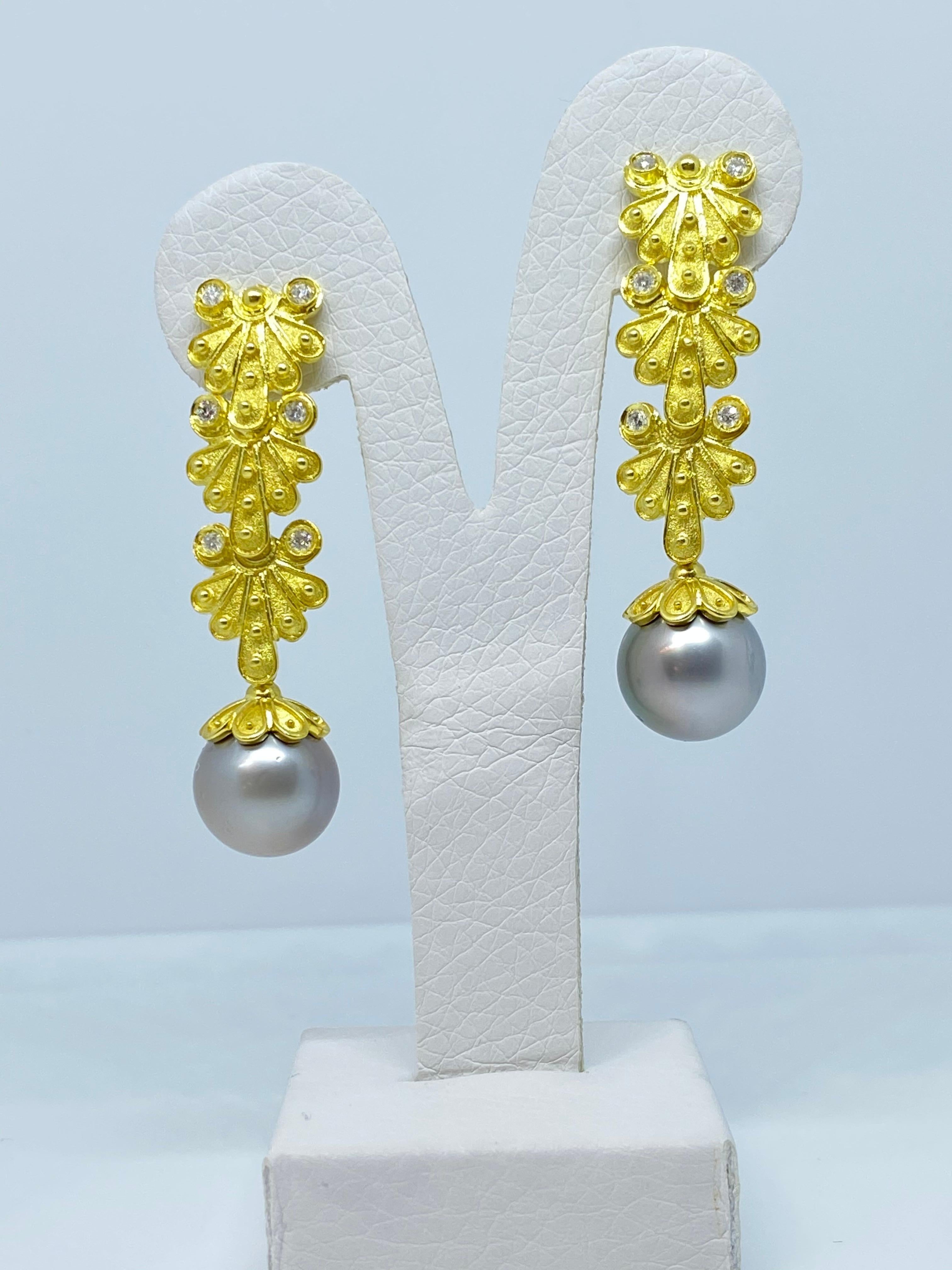 Georgios Collections 18 Karat Yellow Gold Diamond South Sea Pearl Drop Earrings For Sale 11