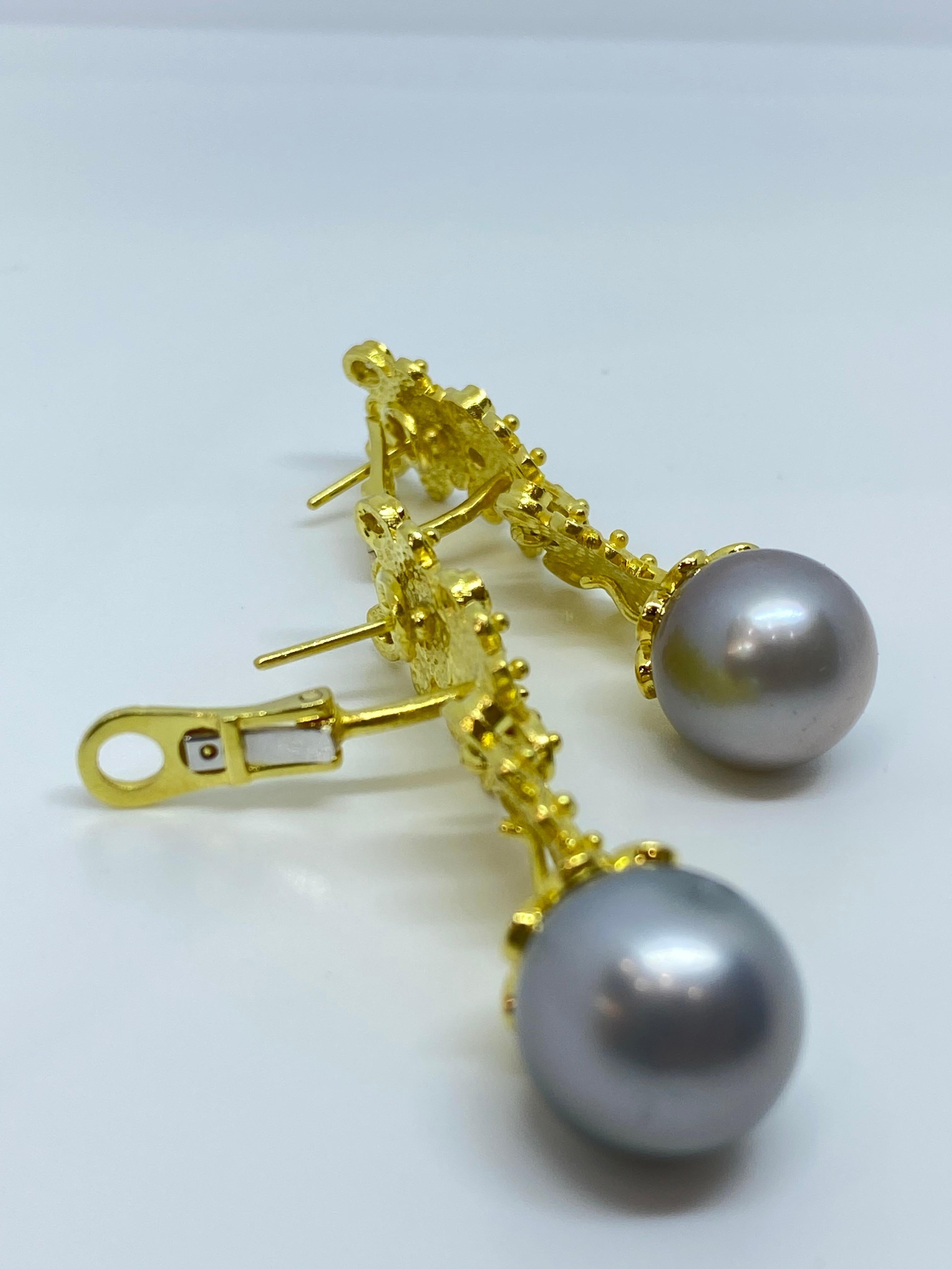 Byzantine Georgios Collections 18 Karat Yellow Gold Diamond South Sea Pearl Drop Earrings For Sale