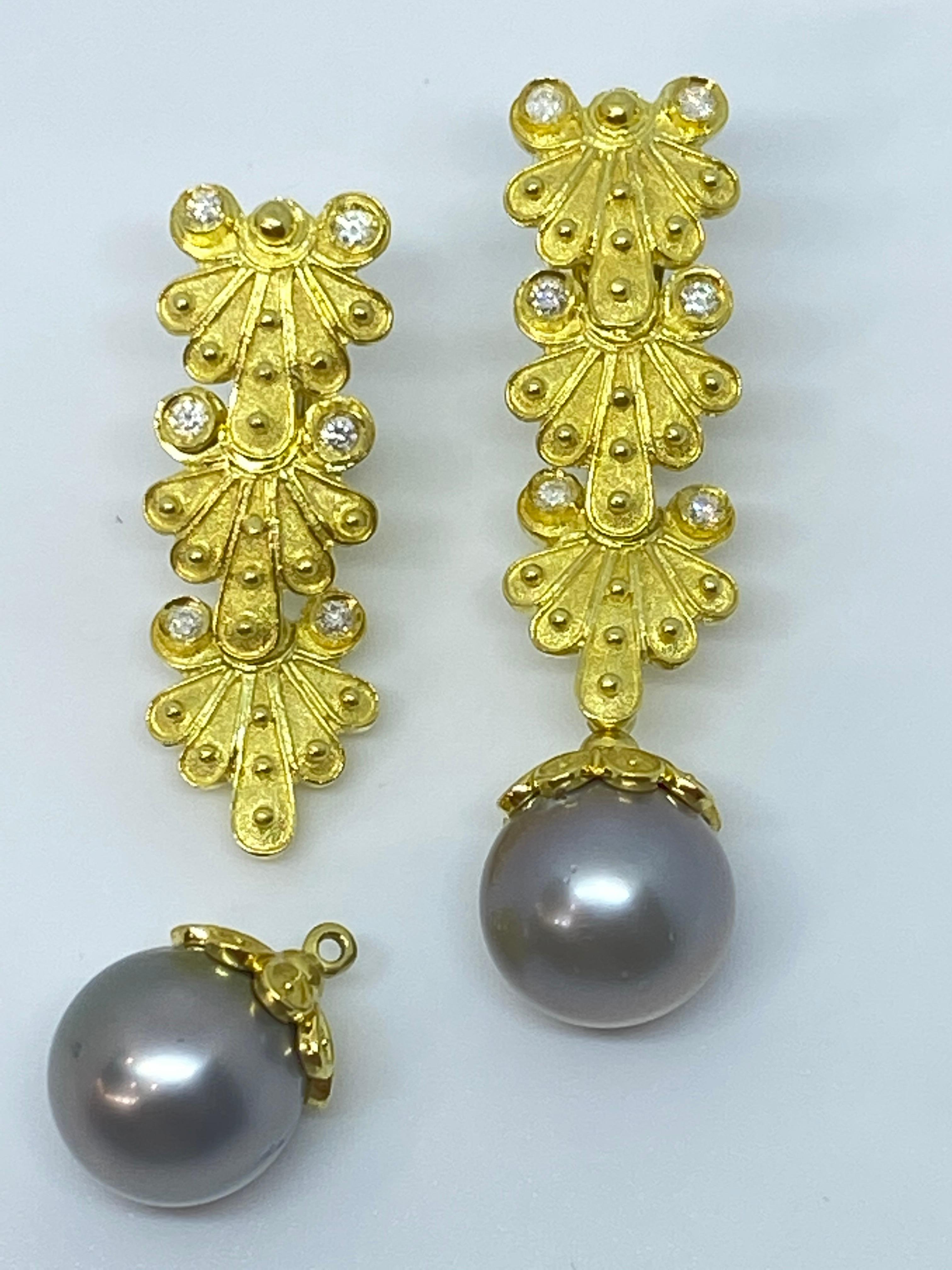 Georgios Collections 18 Karat Yellow Gold Diamond South Sea Pearl Drop Earrings In New Condition For Sale In Astoria, NY