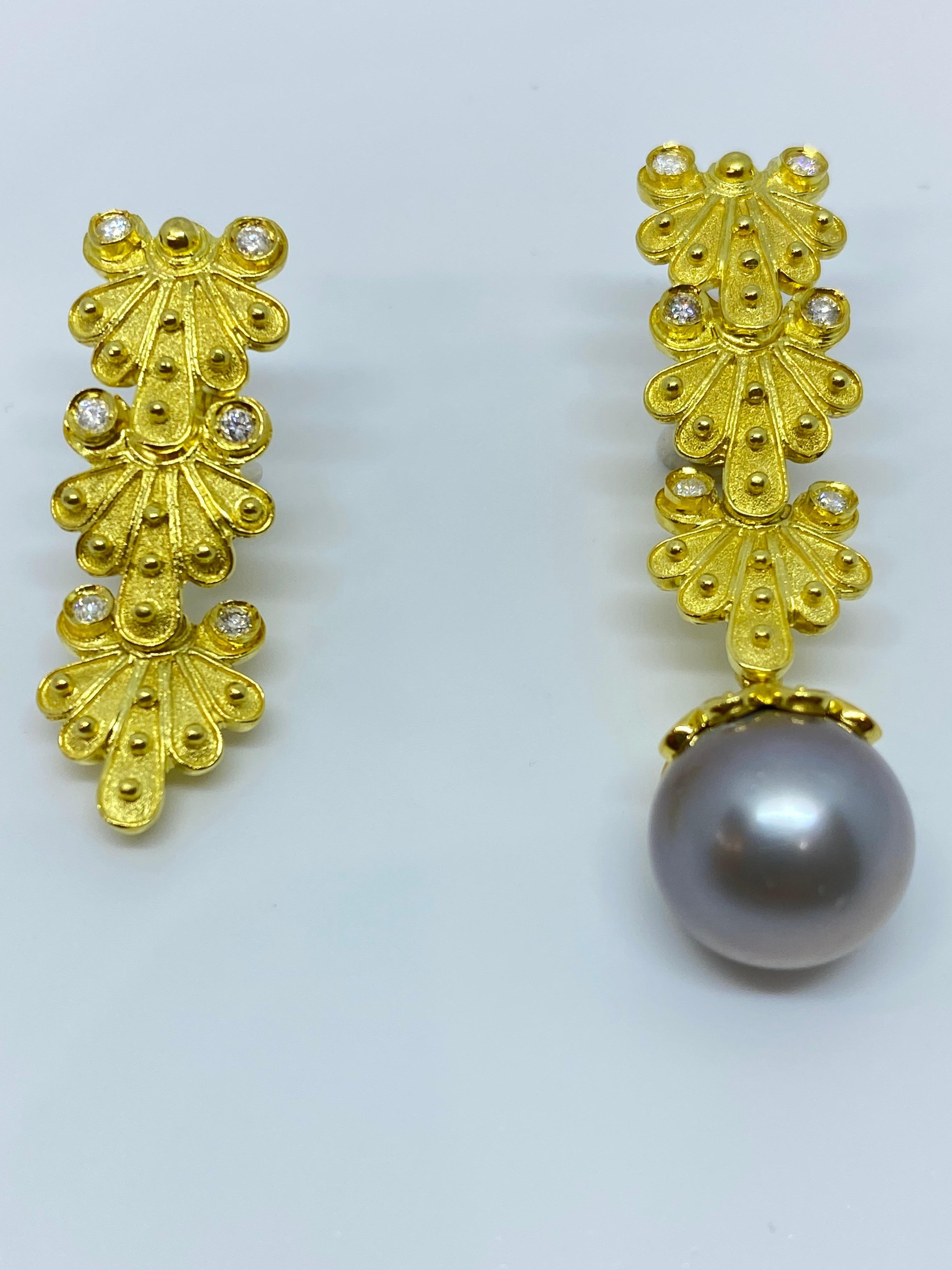 Women's Georgios Collections 18 Karat Yellow Gold Diamond South Sea Pearl Drop Earrings For Sale
