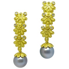 Georgios Collections 18 Karat Yellow Gold Diamond South Sea Pearl Drop Earrings