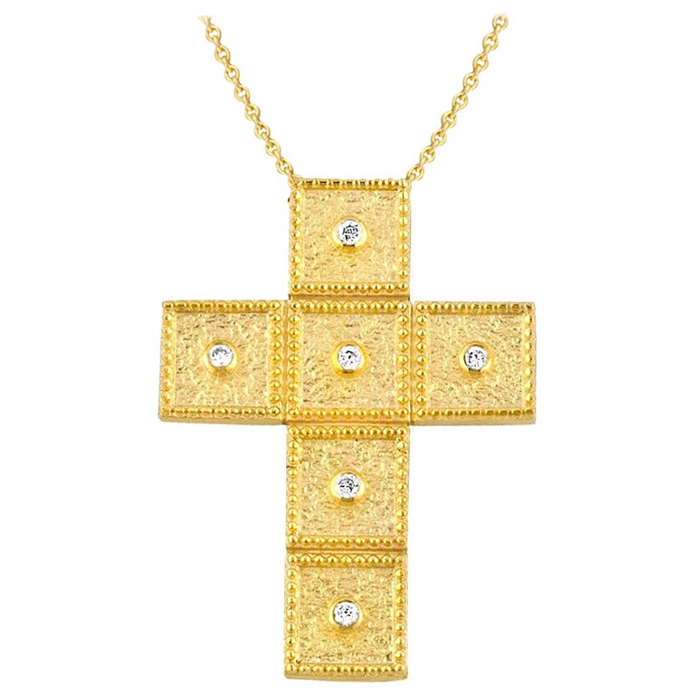 Georgios Collections 18 Karat Yellow Gold Diamond Square Cross with Chain For Sale