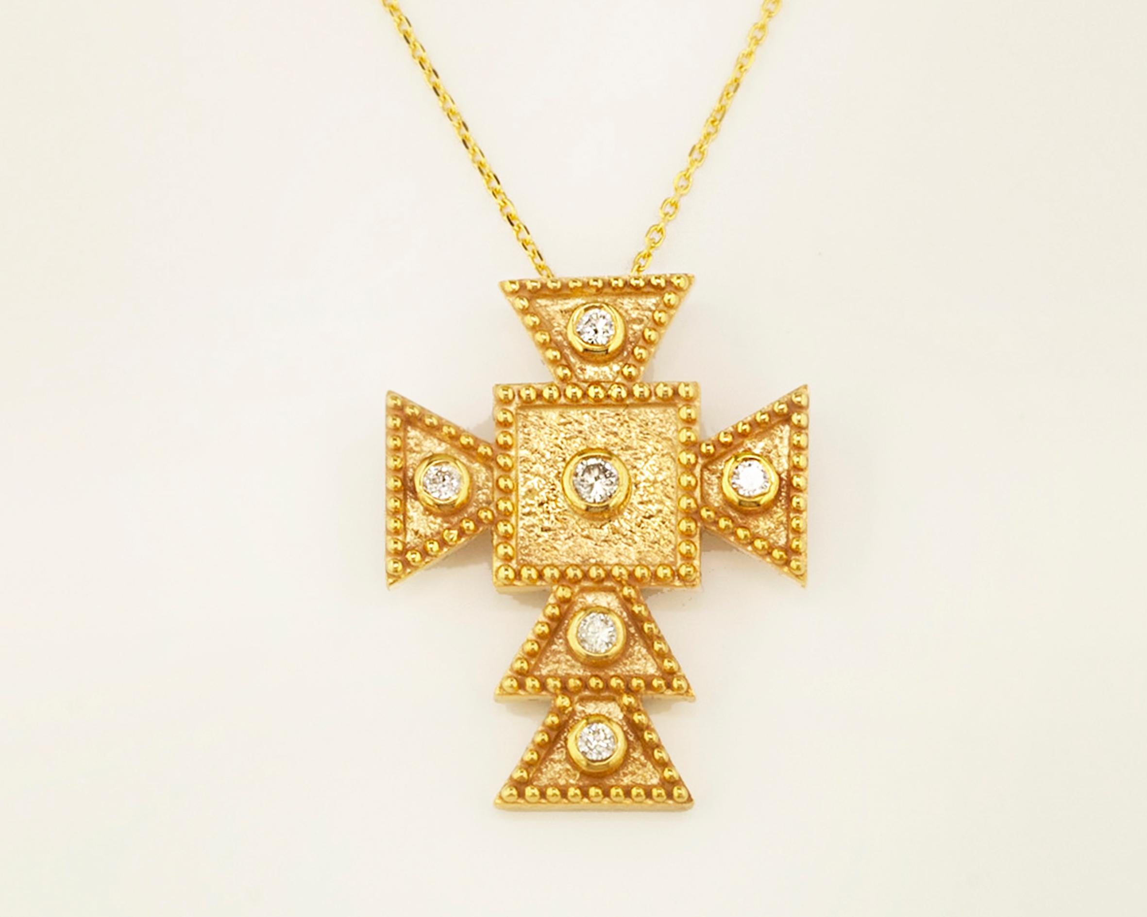 This S.Georgios solid 18 Karat Gold cross pendant Necklace is handmade with microscopically decorated Byzantine-style bead granulation work and finished with a unique velvet background look. This beautiful and distinctive Cross necklace features 6