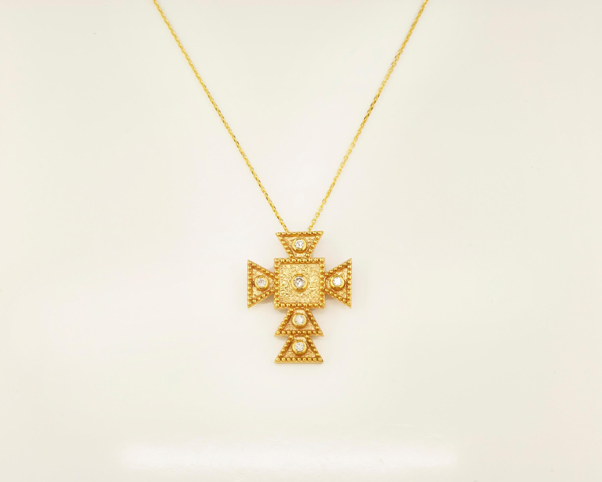 Round Cut Georgios Collections 18 Karat Yellow Gold Diamond Square Small Cross and Chain For Sale