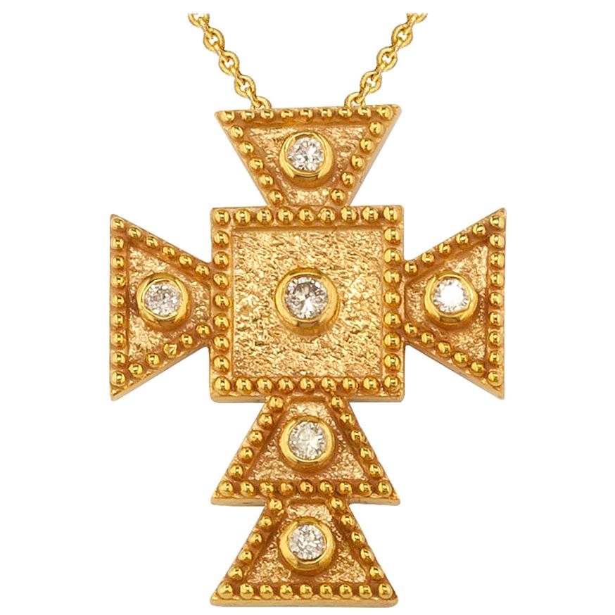 Georgios Collections 18 Karat Yellow Gold Diamond Square Small Cross and Chain