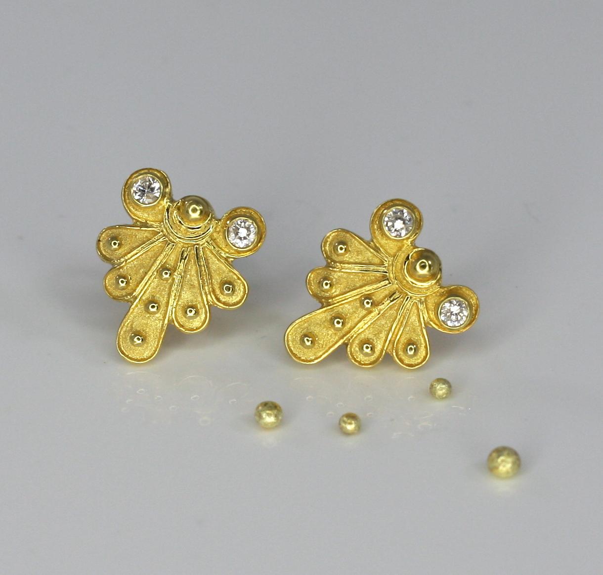 Georgios Collections 18 Karat Yellow Gold Diamond Stud Earring Byzantine Style For Sale 3