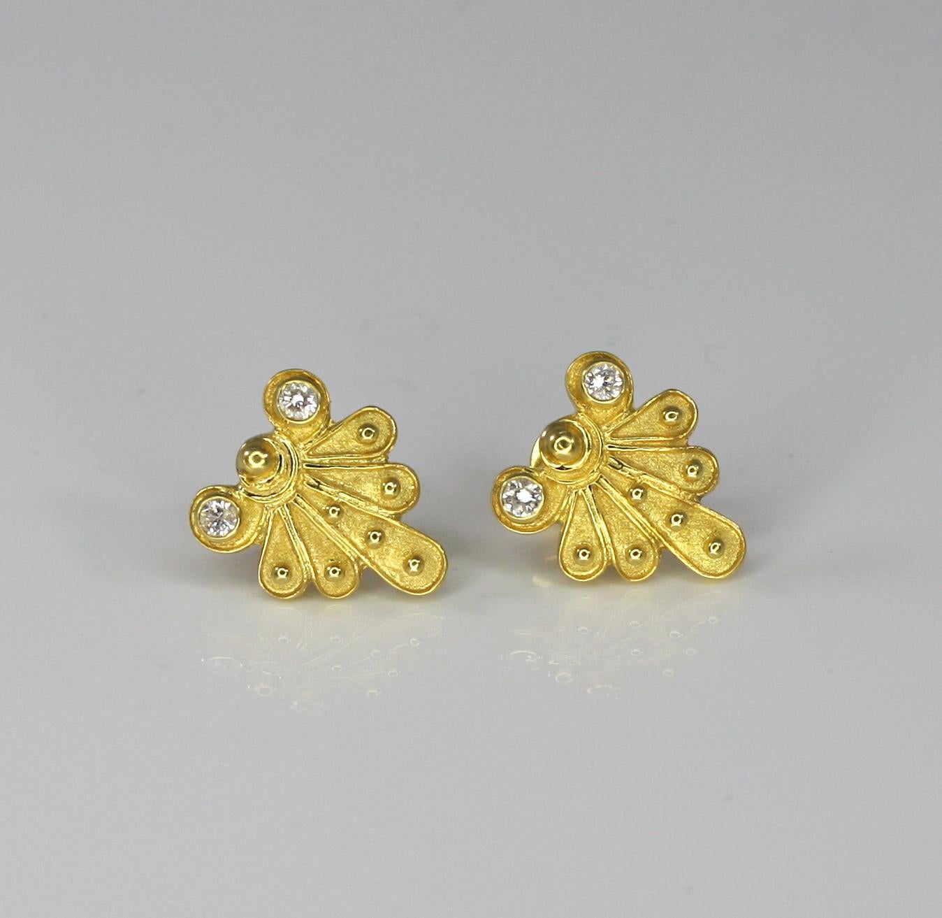 Round Cut Georgios Collections 18 Karat Yellow Gold Diamond Stud Earring Byzantine Style For Sale