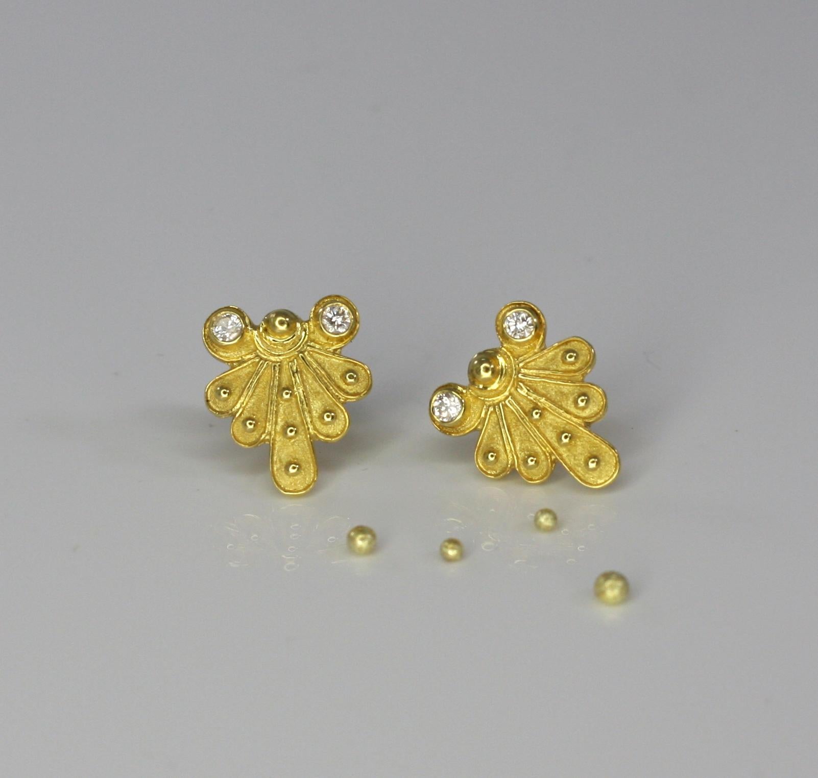 Women's Georgios Collections 18 Karat Yellow Gold Diamond Stud Earring Byzantine Style For Sale