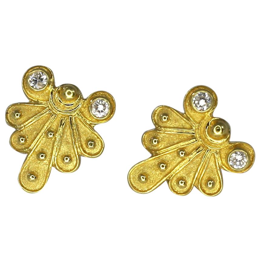 Georgios Collections 18 Karat Yellow Gold Diamond Stud Earring Byzantine Style For Sale
