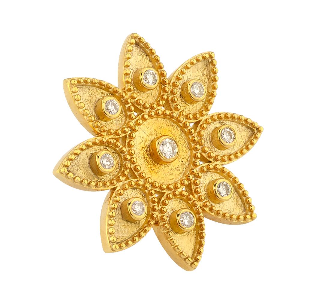 These S.Georgios designer Earrings are 18 Karat yellow gold and microscopically decorated with hand-made granulation workmanship. This stunning pair is finished with a unique velvet look background. These beautiful sunbursts have a total of 18