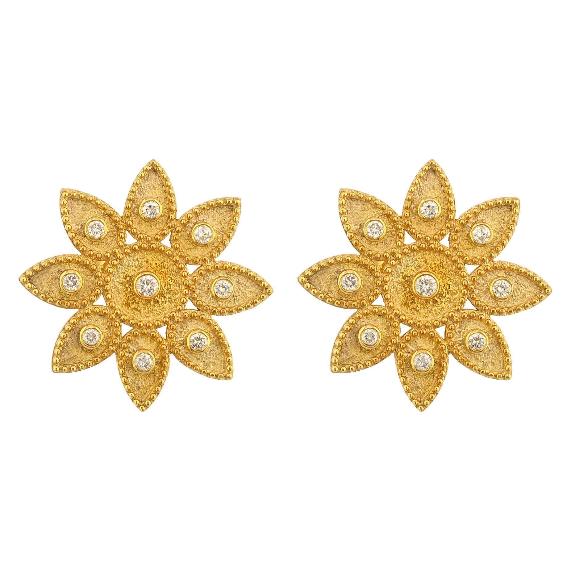 Georgios Collections Clous d'oreilles ronds Sunburst en or jaune 18 carats et diamants