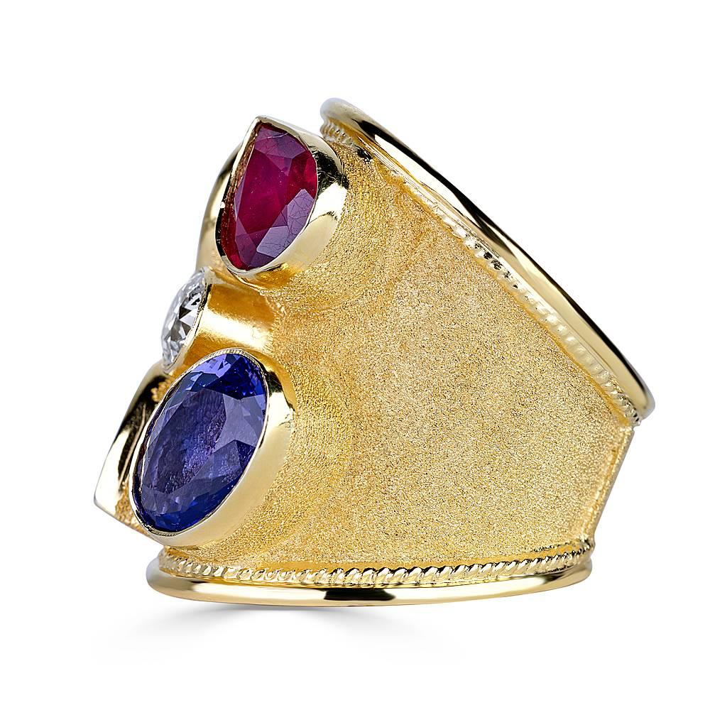 Byzantine Georgios Collections 18 Karat Yellow Gold Diamond Tanzanite and Ruby Wide Ring  For Sale