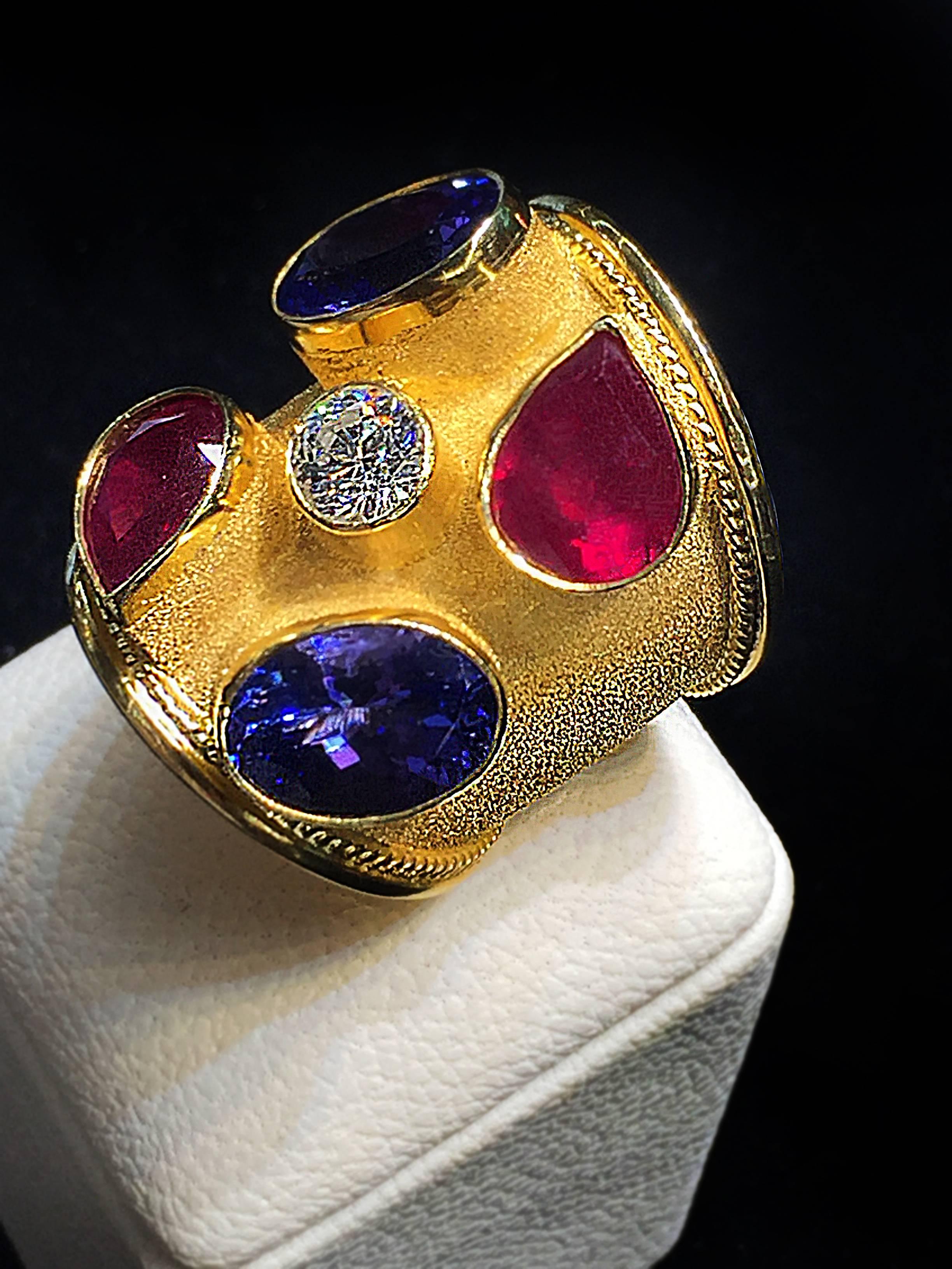 Oval Cut Georgios Collections 18 Karat Yellow Gold Diamond Tanzanite and Ruby Wide Ring  For Sale