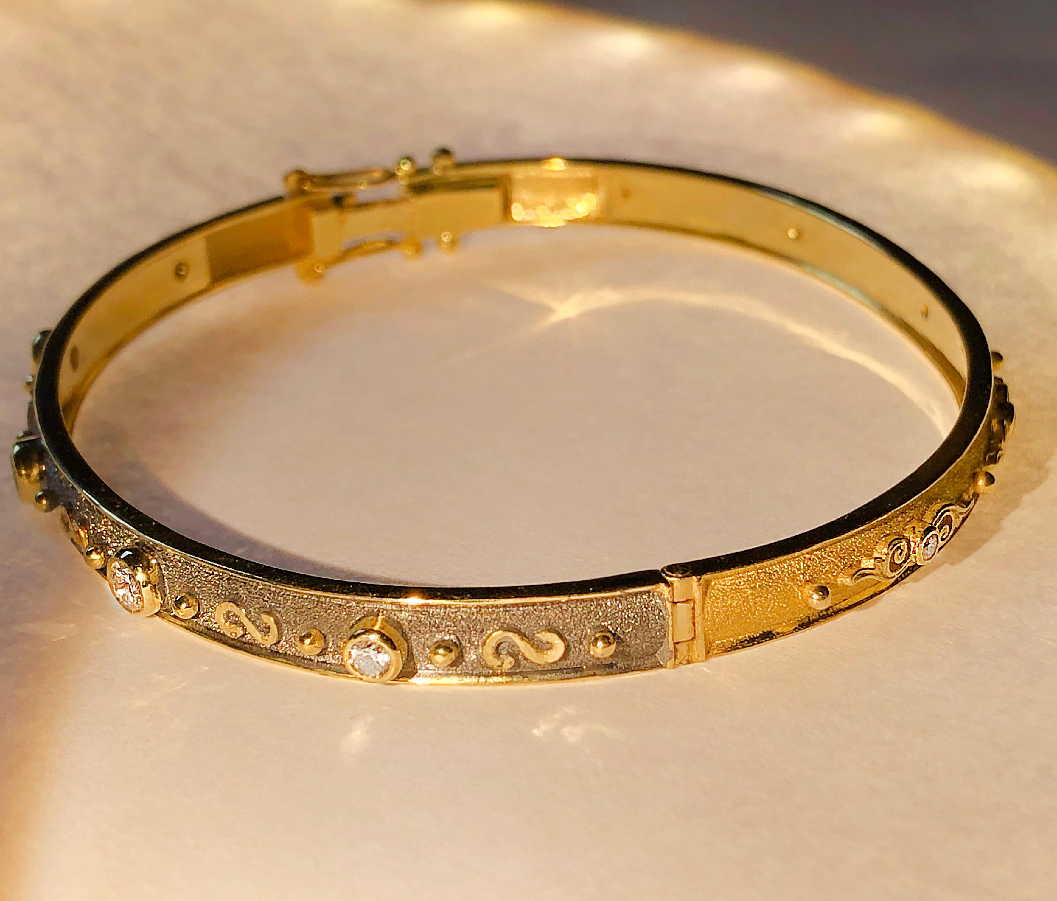 S.Georgios designer Bangle Bracelet handmade in 18 Karat Yellow Gold all custom made. This gorgeous bracelet is microscopically decorated with granulation work in Byzantine style - it shows the  