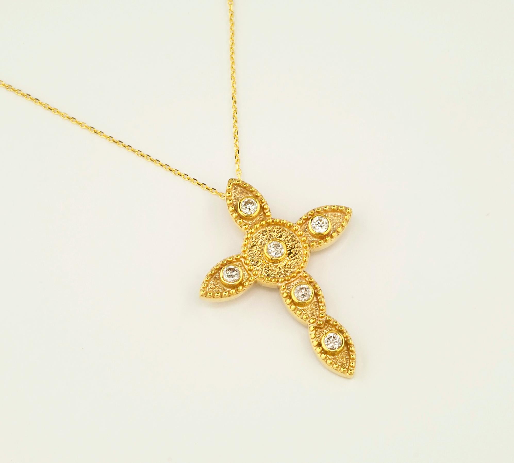 Byzantine Georgios Collections 18 Karat Yellow Gold Diamond Thin Cross Pendant Necklace For Sale