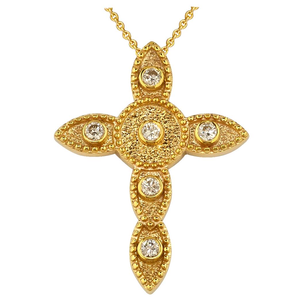 Georgios Collections 18 Karat Yellow Gold Diamond Thin Cross Pendant Necklace For Sale